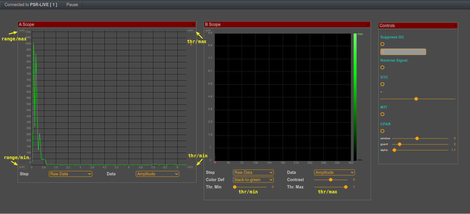 setting maximum and minimum range as well as maximum and minimum theshold in FreeScopes for Pulse and Doppler radars