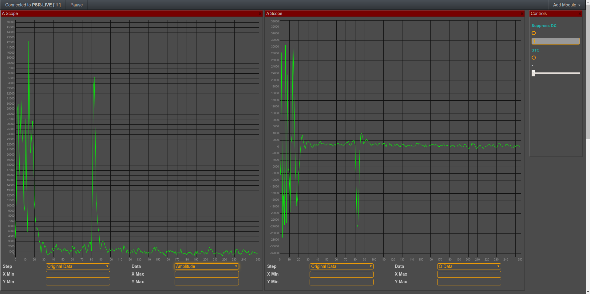 Showing multiple instances of the A-Scope, one with Amplitude, one with Q-data