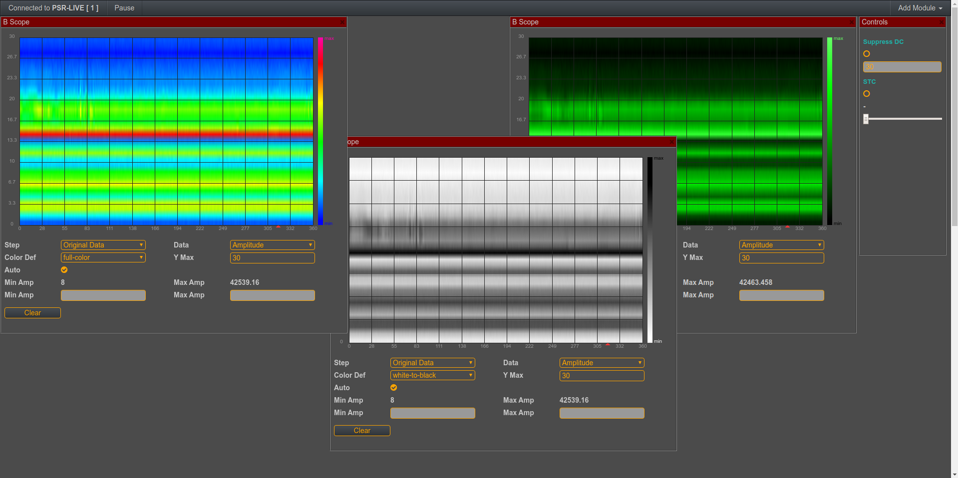 PSR-Radar: It's also possible select different coloring schema for each B-Scope module. Sometimes a specific schema may give a better clarity.