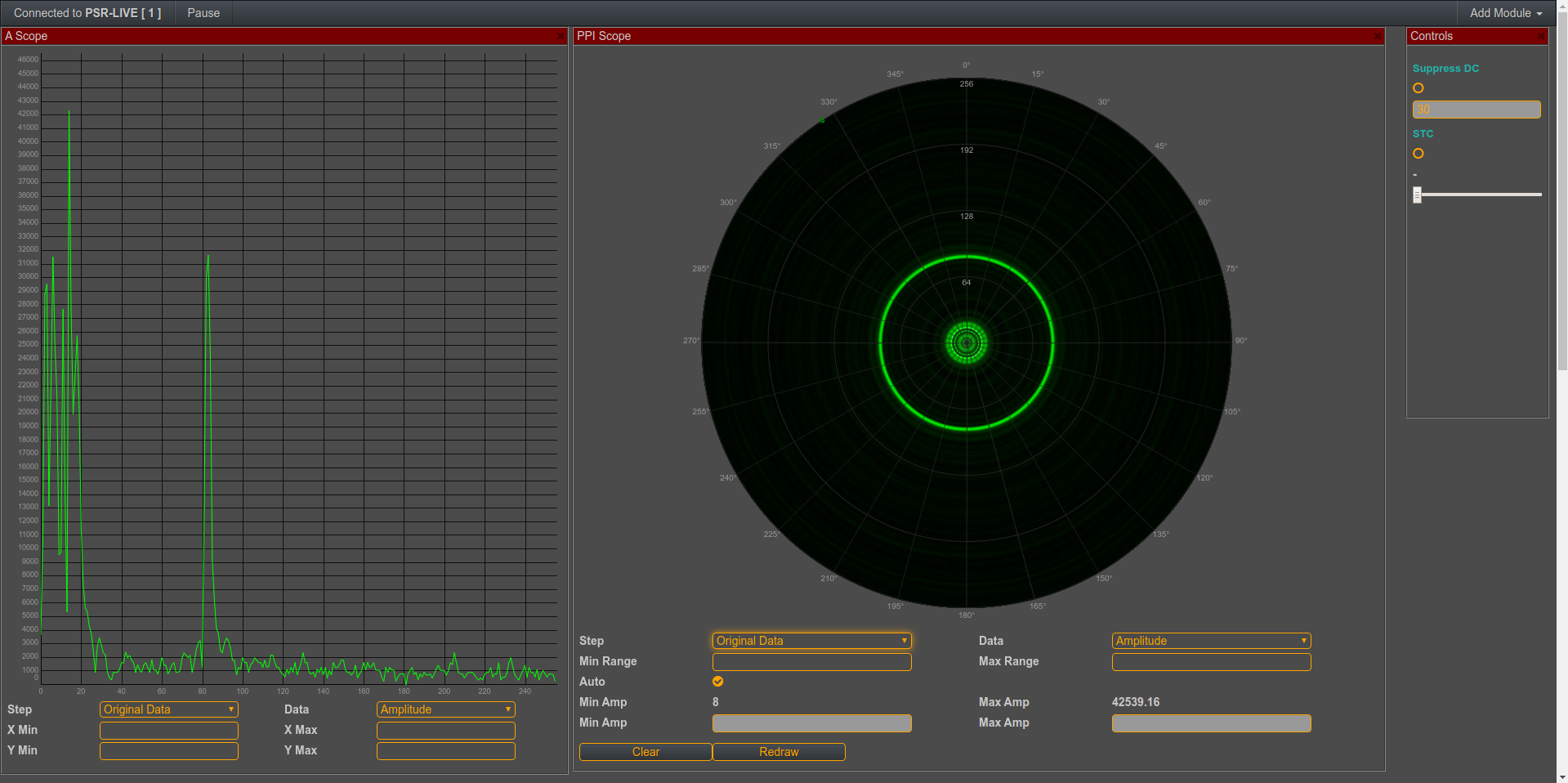 PSR Radar - And we can add PPI-Scope from the Add Module menu. It's possible to select and show different processing steps in PPI, also showing I, Q or Amplitude data, is possible.